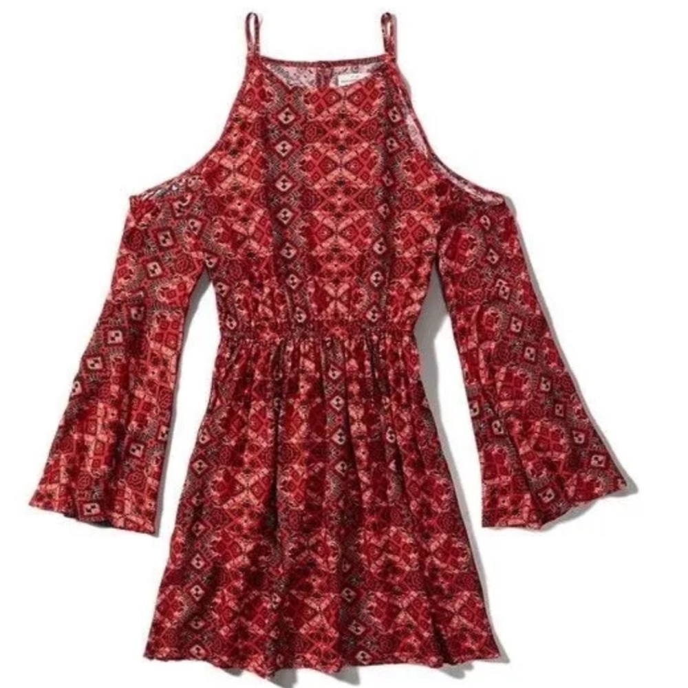 Abercrombie & Fitch Red Boho Cold Shoulder Long Flowy Sleeve Dress